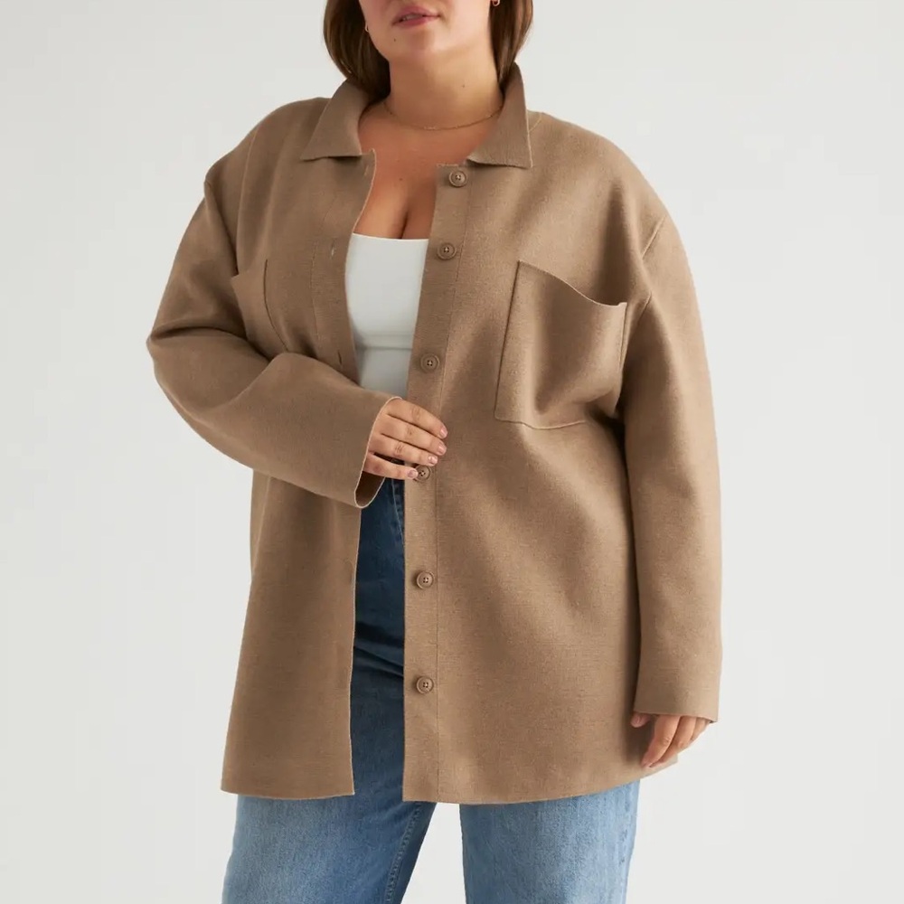 Quince Eco-Knit Milano Stitch Shirt Jacket Oversized Shacket XS Warm Taupe
